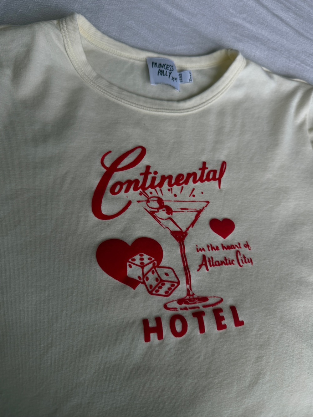 Princess Polly Cream Crop Tee with Red Continental Hotel Graphic - Picture 4 of 4